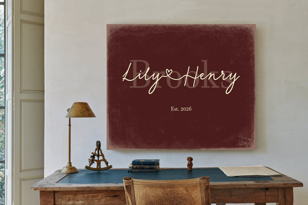 Personalized Wedding Sign, Last Name with Couple Names & Heart, Oxblood & Gold, image 2