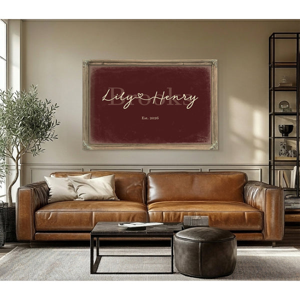 Personalized Wedding Sign, Last Name with Couple Names & Heart, Oxblood & Gold, image 3