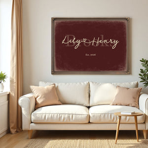 Personalized Wedding Sign, Last Name with Couple Names & Heart, Oxblood & Gold, image 5