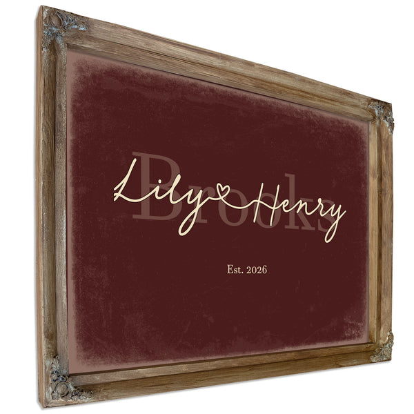 Personalized Wedding Sign, Last Name with Couple Names & Heart, Oxblood & Gold, image 6