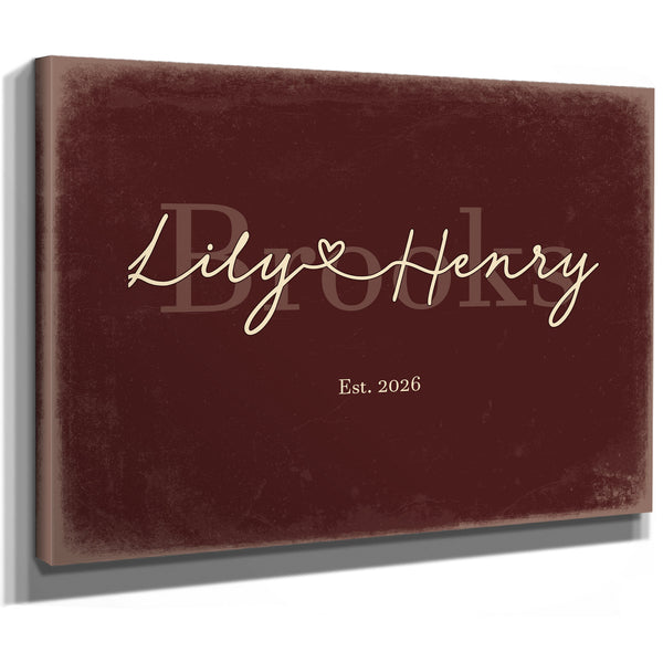 Personalized Wedding Sign, Last Name with Couple Names & Heart, Oxblood & Gold, image 8