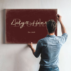 Personalized Wedding Sign, Last Name with Couple Names & Heart, Oxblood & Gold, image 9