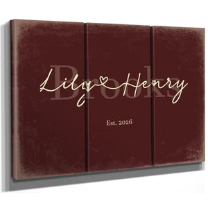 Personalized Wedding Sign, Last Name with Couple Names & Heart, Oxblood & Gold, image 14
