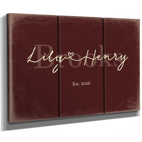 Personalized Wedding Sign, Last Name with Couple Names & Heart, Oxblood & Gold, image 14