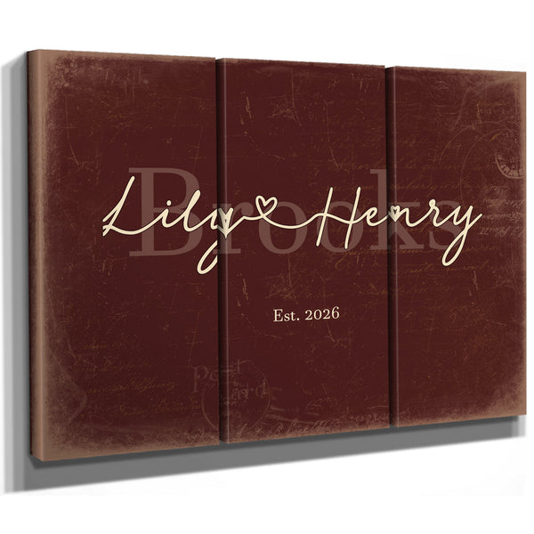 Personalized Wedding Sign, Last Name with Couple Names & Heart, Oxblood & Gold, image 14