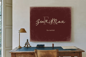 Custom Last Name Sign for Couples, Est. Wedding Date, Oxblood & Gold, image 2