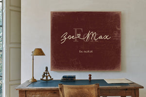 Custom Last Name Sign for Couples, Est. Wedding Date, Oxblood & Gold, image 2