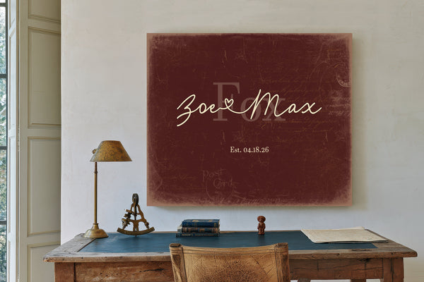 Custom Last Name Sign for Couples, Est. Wedding Date, Oxblood & Gold, image 2