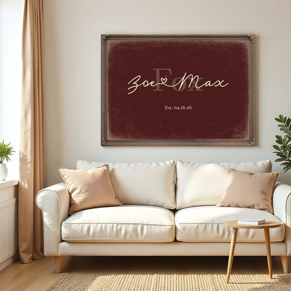 Custom Last Name Sign for Couples, Est. Wedding Date, Oxblood & Gold, image 5