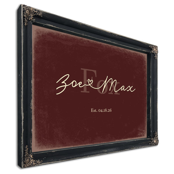 Custom Last Name Sign for Couples, Est. Wedding Date, Oxblood & Gold, image 1