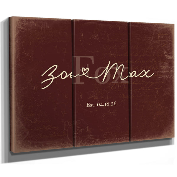 Custom Last Name Sign for Couples, Est. Wedding Date, Oxblood & Gold, image 14