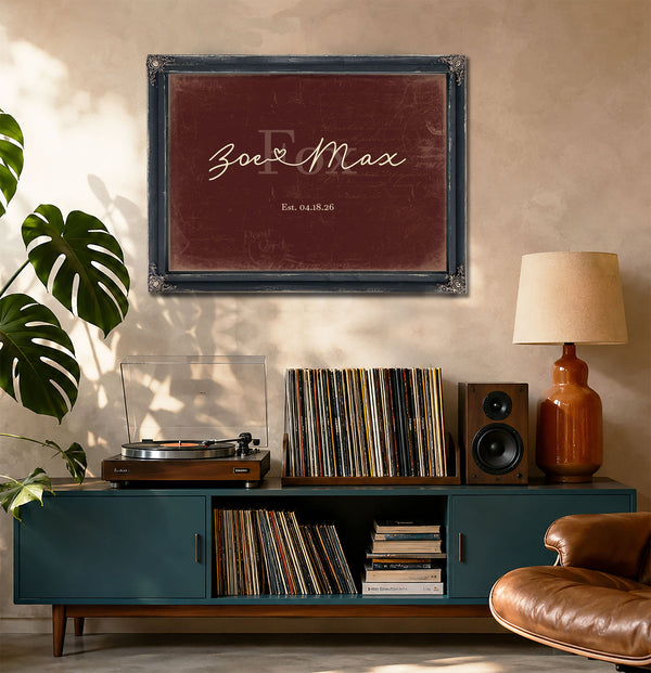 Custom Last Name Sign for Couples, Est. Wedding Date, Oxblood & Gold, image 20