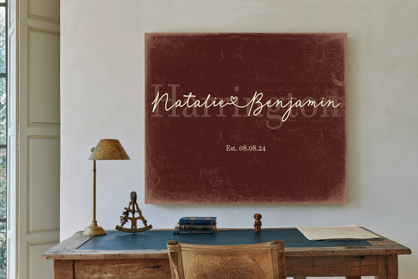 Personalized Anniversary Gift, Family Name Sign with First Names, Oxblood & Gold, image 2