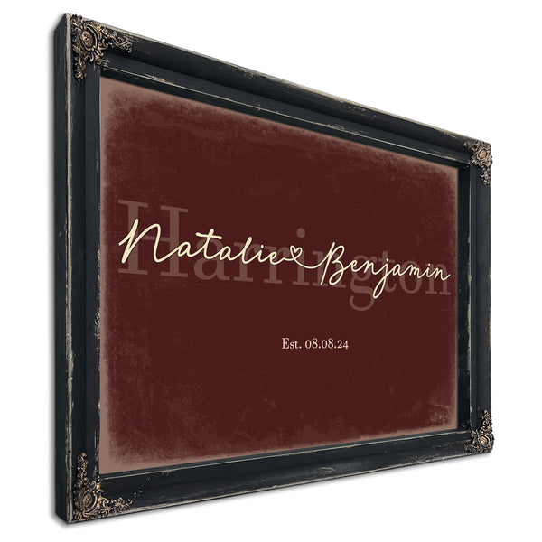 Personalized Anniversary Gift, Family Name Sign with First Names, Oxblood & Gold, image 1