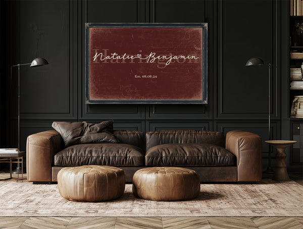 Personalized Anniversary Gift, Family Name Sign with First Names, Oxblood & Gold, image 17