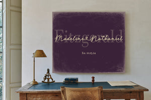 Personalized Wedding Sign, Last Name with Couple Names & Heart, Plum & Mustard, image 2