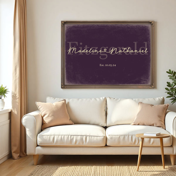 Personalized Wedding Sign, Last Name with Couple Names & Heart, Plum & Mustard, image 5