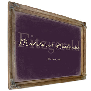 Personalized Wedding Sign, Last Name with Couple Names & Heart, Plum & Mustard, image 6