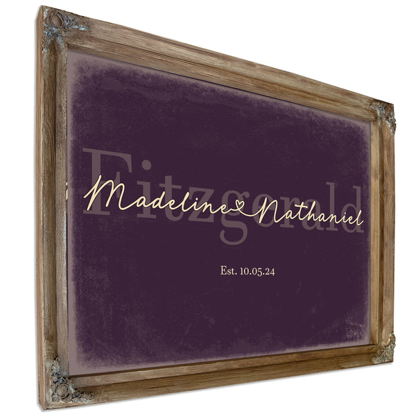 Personalized Wedding Sign, Last Name with Couple Names & Heart, Plum & Mustard, image 6