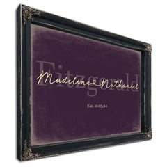 Personalized Wedding Sign, Last Name with Couple Names & Heart, Plum & Mustard, image 1