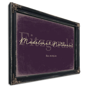 Personalized Wedding Sign, Last Name with Couple Names & Heart, Plum & Mustard, image 1