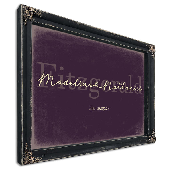 Personalized Wedding Sign, Last Name with Couple Names & Heart, Plum & Mustard, image 1
