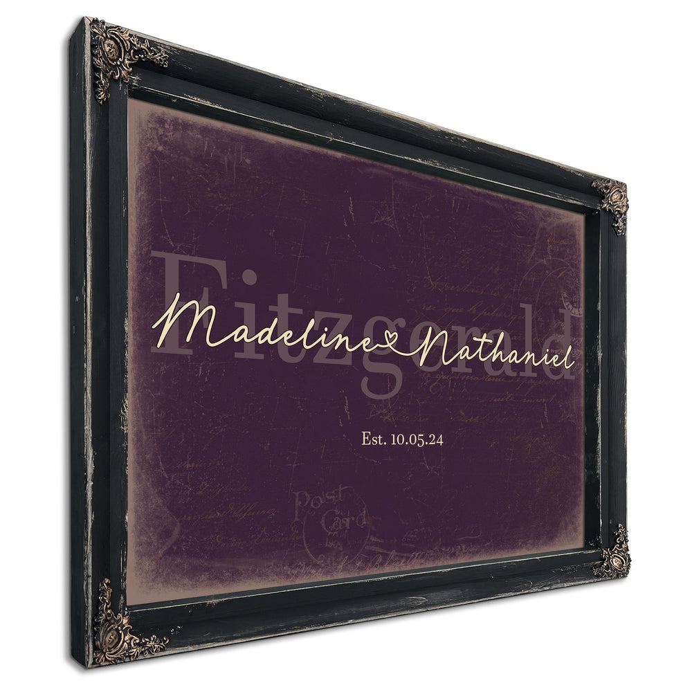 Personalized Wedding Sign, Last Name with Couple Names & Heart, Plum & Mustard, image 1
