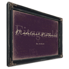 Personalized Wedding Sign, Last Name with Couple Names & Heart, Plum & Mustard, image 1