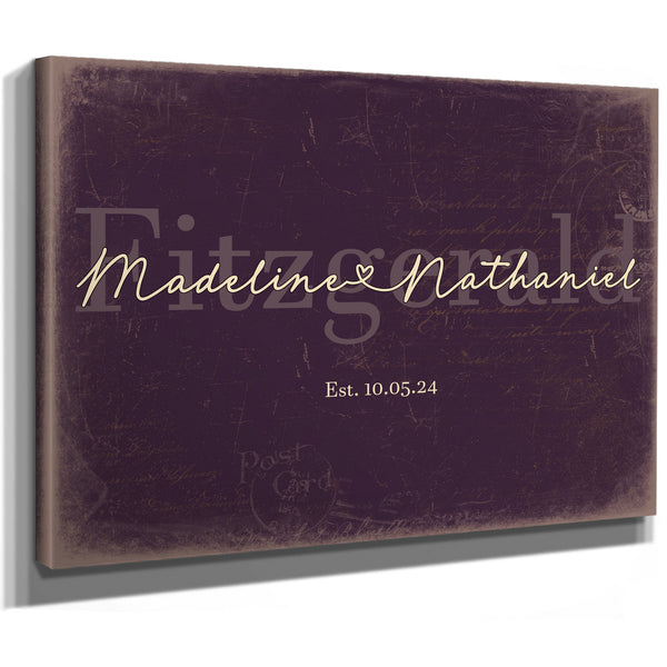 Personalized Wedding Sign, Last Name with Couple Names & Heart, Plum & Mustard, image 8