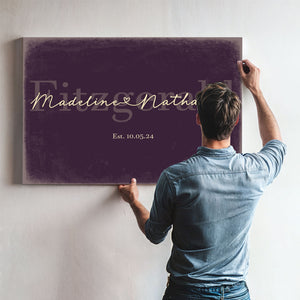 Personalized Wedding Sign, Last Name with Couple Names & Heart, Plum & Mustard, image 9