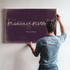 Personalized Wedding Sign, Last Name with Couple Names & Heart, Plum & Mustard, image 9