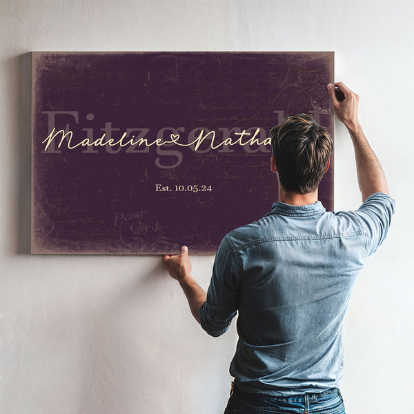 Personalized Wedding Sign, Last Name with Couple Names & Heart, Plum & Mustard, image 9