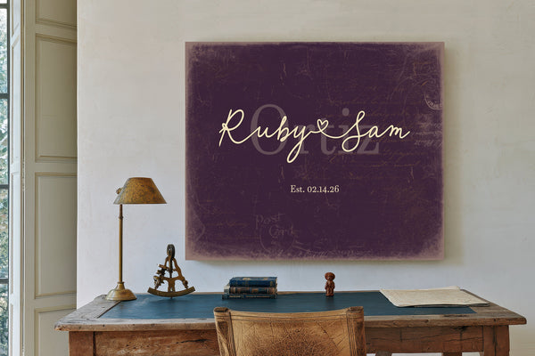 Custom Last Name Sign for Couples, Est. Wedding Date, Plum & Mustard, image 2