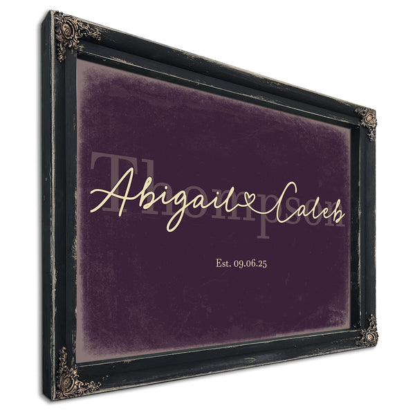 Personalized Anniversary Gift, Family Name Sign with First Names, Plum & Mustard, image 1