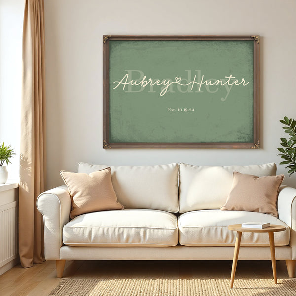 Personalized Wedding Sign, Last Name with Couple Names & Heart, Sage & Forest, image 5