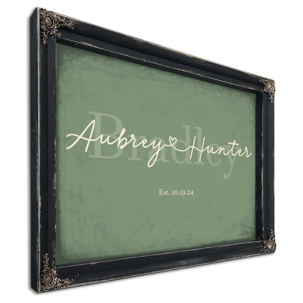 Personalized Wedding Sign, Last Name with Couple Names & Heart, Sage & Forest, image 1
