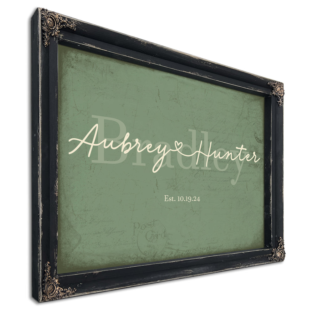 Personalized Wedding Sign, Last Name with Couple Names & Heart, Sage & Forest, image 1
