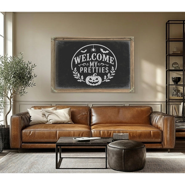 Welcome My Pretties Sign Halloween wall art in a styled room
