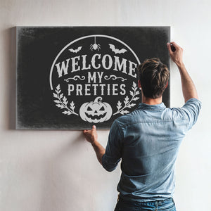 Welcome My Pretties Sign Halloween wall art in a styled room