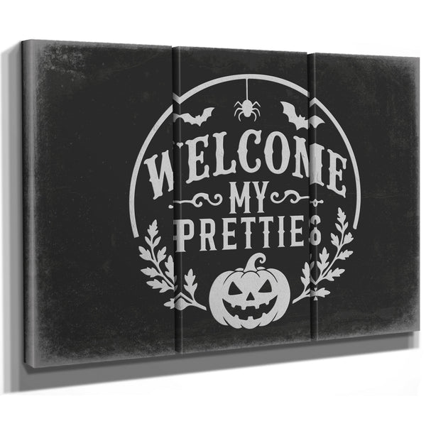 Welcome My Pretties Sign Halloween wall art in a styled room