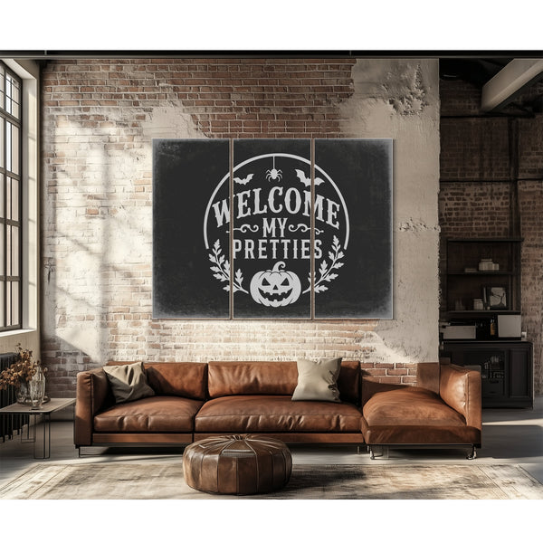 Welcome My Pretties Sign Halloween wall art in a styled room