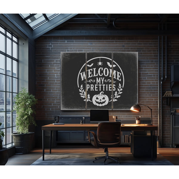 Welcome My Pretties Sign Halloween wall art in a styled room