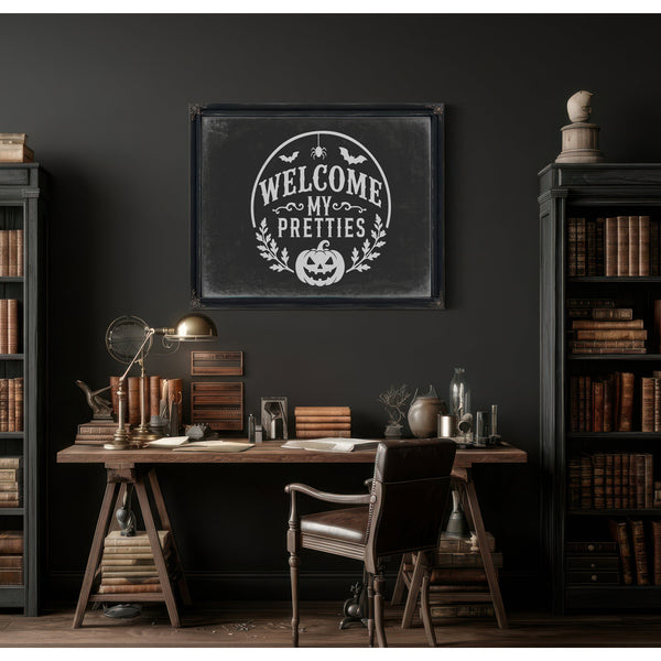 Welcome My Pretties Sign Halloween wall art in a styled room