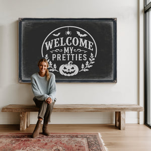 Welcome My Pretties Sign Halloween wall art in a styled room