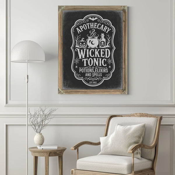 Wicked Tonic Elixir Sign Halloween wall art in a styled room