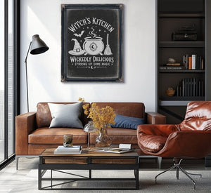 Witch's Kitchen Sign Halloween wall art in a styled room