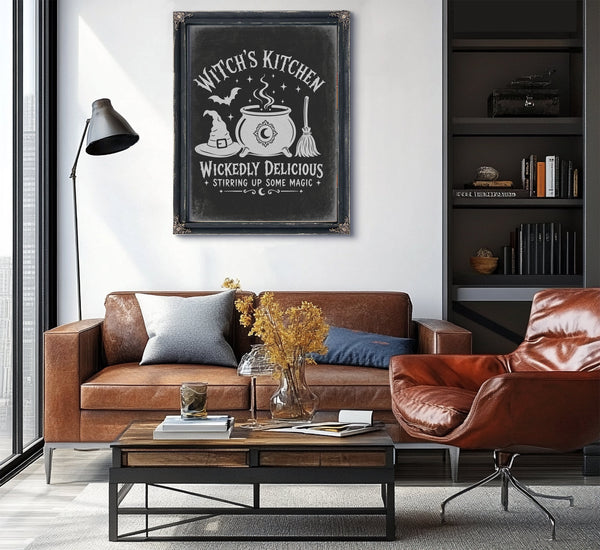 Witch's Kitchen Sign Halloween wall art in a styled room