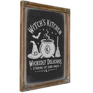 Witch's Kitchen Sign Halloween wall art, Verdigris frame