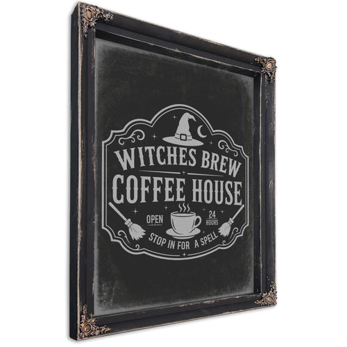 Witches Brew Coffee House Sign Halloween wall art, Ebony frame