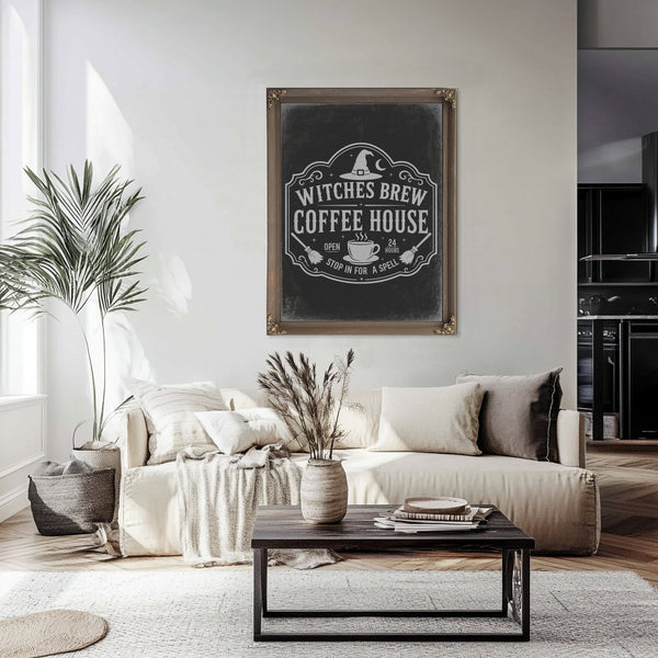 Witches Brew Coffee House Sign Halloween wall art in a styled room